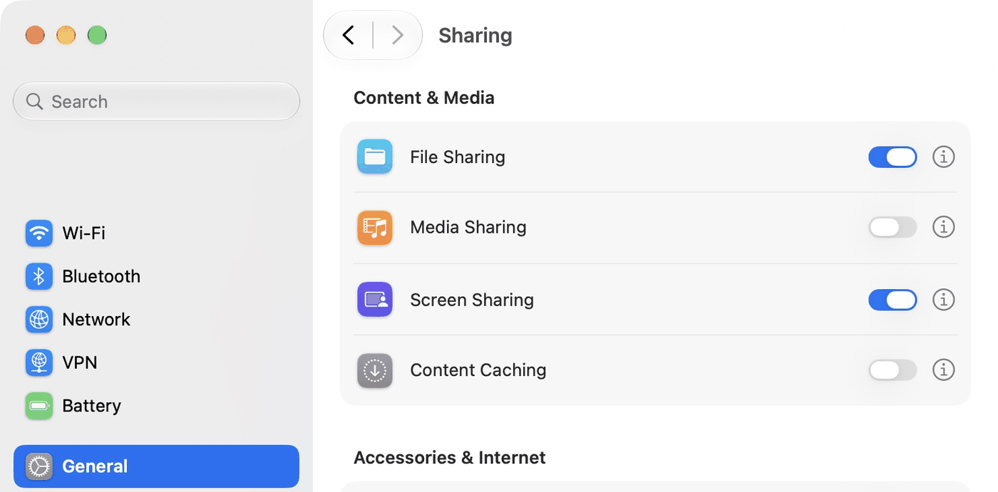 System Settings on a Mac, General selected in the sidebar and the Sharing pane open: under Content and Media, the Screen Sharing switch is turned on.